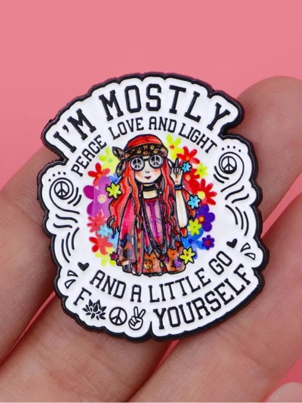 I'm Mostly Peace Love and Light Lapel Pin — Colorful Hippie Design NEW - Picture 3 of 4
